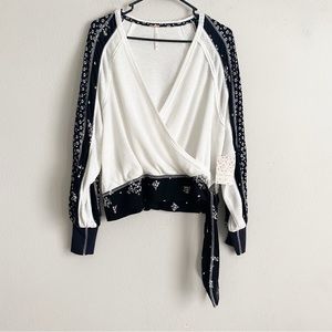 Free People Auxton Thermal Waffle Black White Floral Print Oversized Top XS